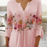 Dametop – Blomsterprint – Løstsiddende – 3/4-ærmer – V-hals med knap – Let stof