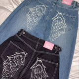 Lige jeans broderet med englevinger og rhinsten