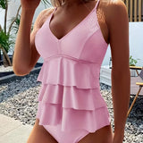 Dame Tankini badedragt - Tynde stropper - Lagdelte flæser - Flatterende snit