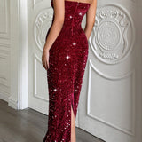 Stropløs maxi aftenkjole med sløjfe