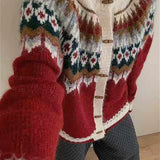 Fair Isle strikcardigan med rund hals og hornknapper, rund hals