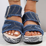 Damekilehæl - Flosset denim - Trykt høj sål - Åben tå