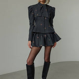 Vintage sæt med tweedjakke og nederdel i farveblok