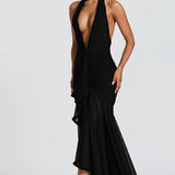 Sexet havfrue-aftenkjole med dyb halsudskæring og åben ryg