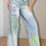 Rippede jeans med farveblokke og blækstænkeffekt