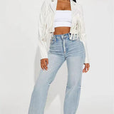 Kort jakke i imiteret læder med frynser