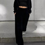 Dame joggingsæt - Kort lynlåsjakke med hætte - Højtaljede bukser