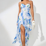 Blomsterprintet aftenkjole med slids