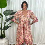 Damekjole - V-hals - Flagrende pasform - 3/4 ærmer - Trendy dyreprint