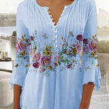 Dametop – Blomsterprint – Løstsiddende – 3/4-ærmer – V-hals med knap – Let stof