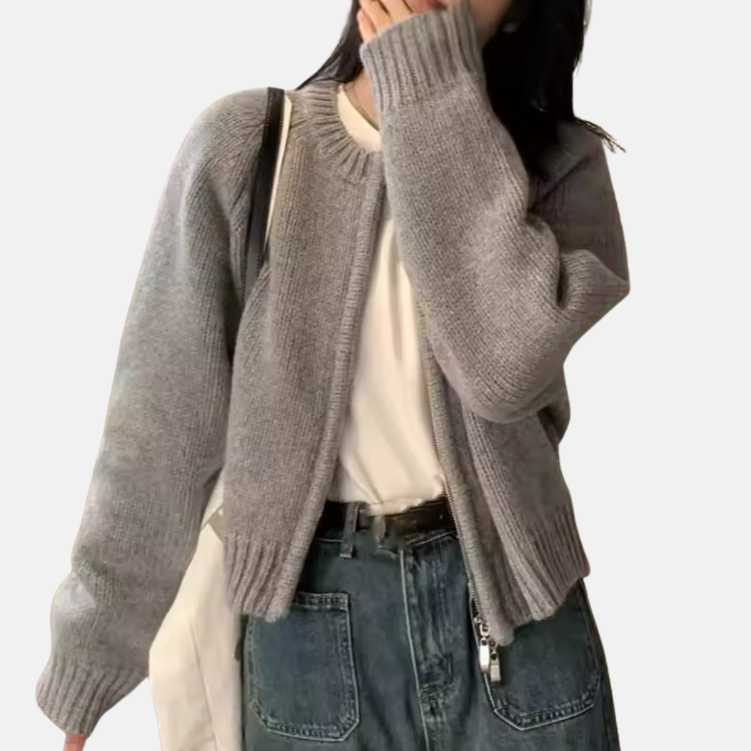 Damecardigan – Uldstrik – Afslappet pasform – Kort – Lange ærmer – Rund hals