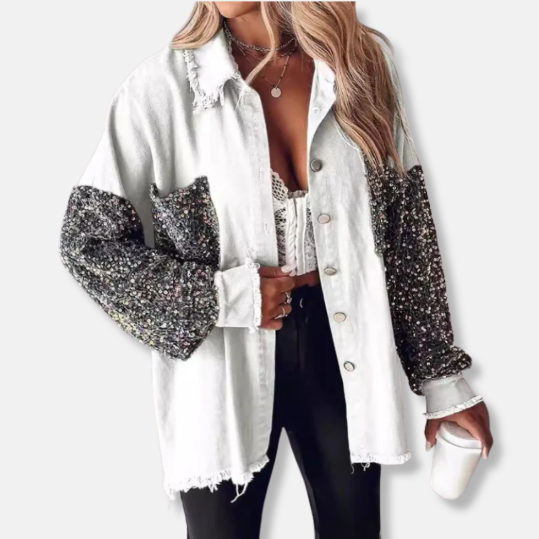 Dame denimjakke - bomuldsblanding - oversized pasform - tunikalængde - flossede kanter