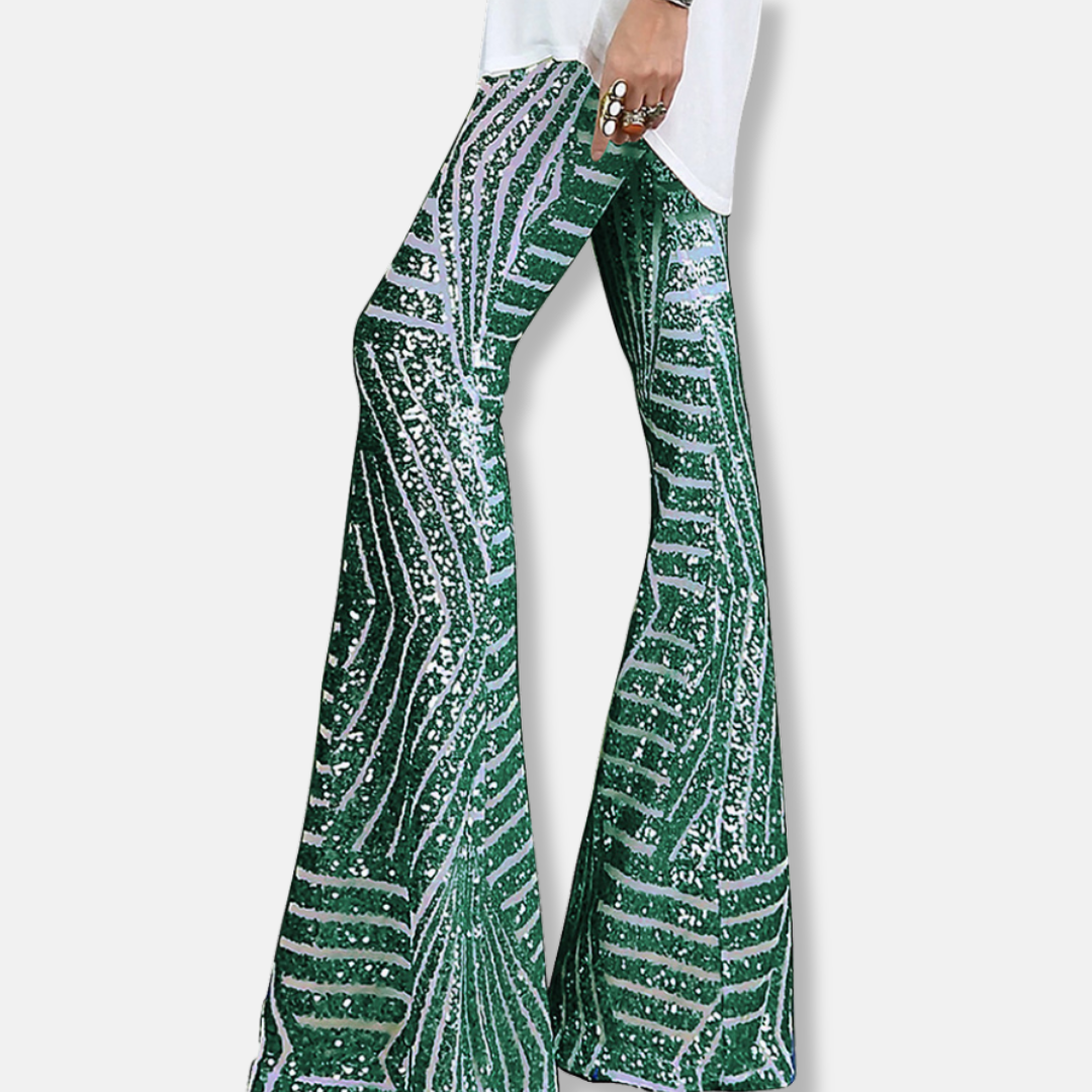 Damebukser – Høj talje – Vide ben – Geometriske pailletter – Fuld længde