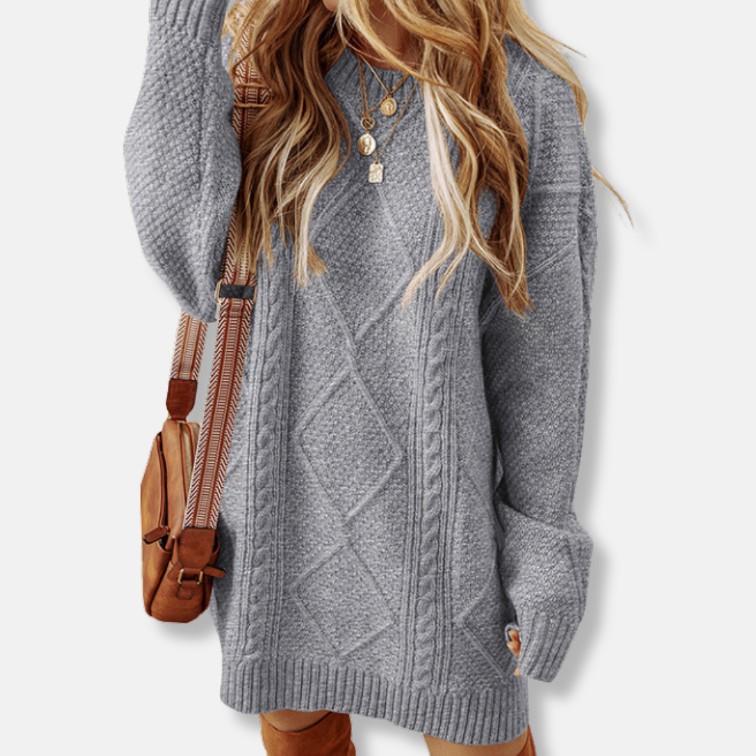 Damesweatshirt – Kabelstrik – Afslappet pasform – Knælang – Lange ærmer