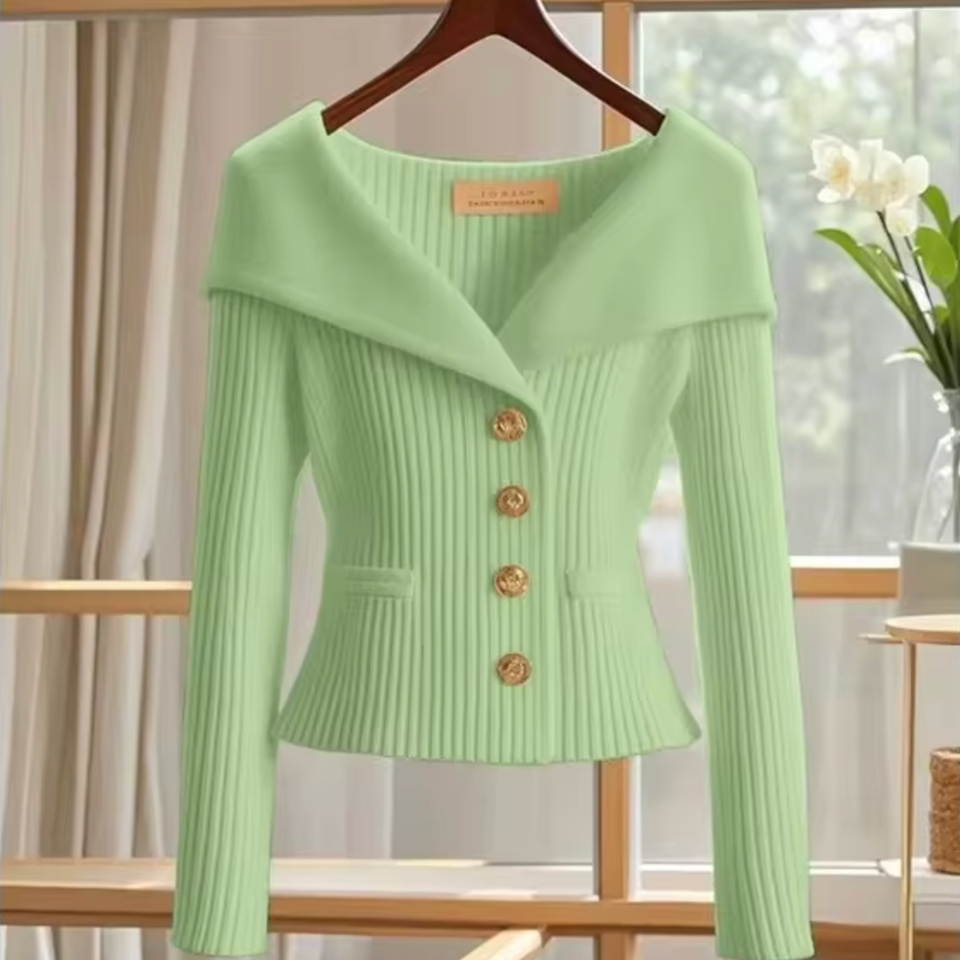 Kort cardigan til kvinder – Blød strik – Tætsiddende snit – Bred krave – Synlige knapper