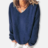 Damesweatshirt - Plysstrik - Afslappet pasform - V-hals - Lange ærmer