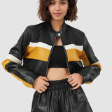 Farveblok PU kort jakke