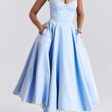 Maxi aftenkjole med V-hals og pufærmer