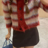 Stribet, cropped cardigan med rund hals