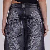 Y2K Wide Leg-jeans med vasket læder og englevinger