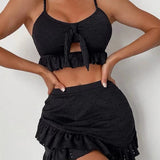 Damebikini – Sæt med to dele – Bindebånd foran – Broderi med huller – Flæsenederdel