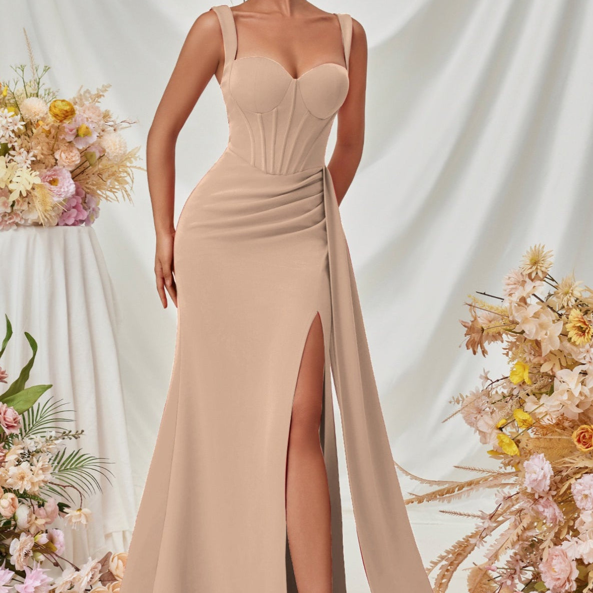 Sexet bodycon maxi aftenkjole med slids