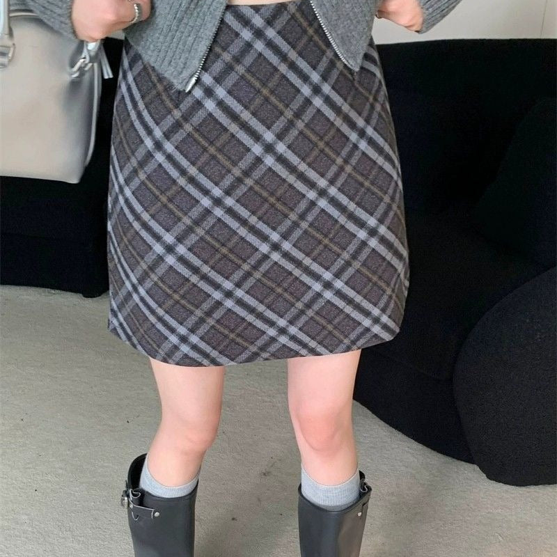 Vintage kort nederdel i højtaljet, tætsiddende, ternet tweed