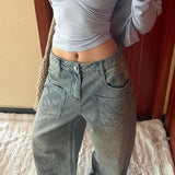 Vintage jeans med vide ben og rhinsten