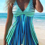 Tankini-badedragt til kvinder – Flagrende snit – V-udskæring – Åndbart stof – Lodrette striber