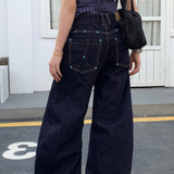 Retro jeans med vide ben og ensfarvet diamantdetaljer