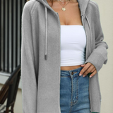 Ensfarvet cardiganvest med hætte, lynlåslukning og snøre