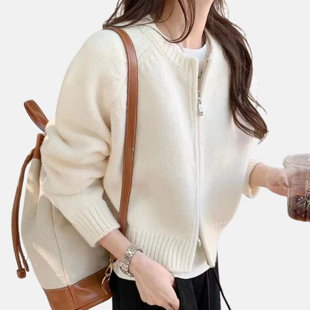 Damecardigan – Uldstrik – Afslappet pasform – Kort – Lange ærmer – Rund hals