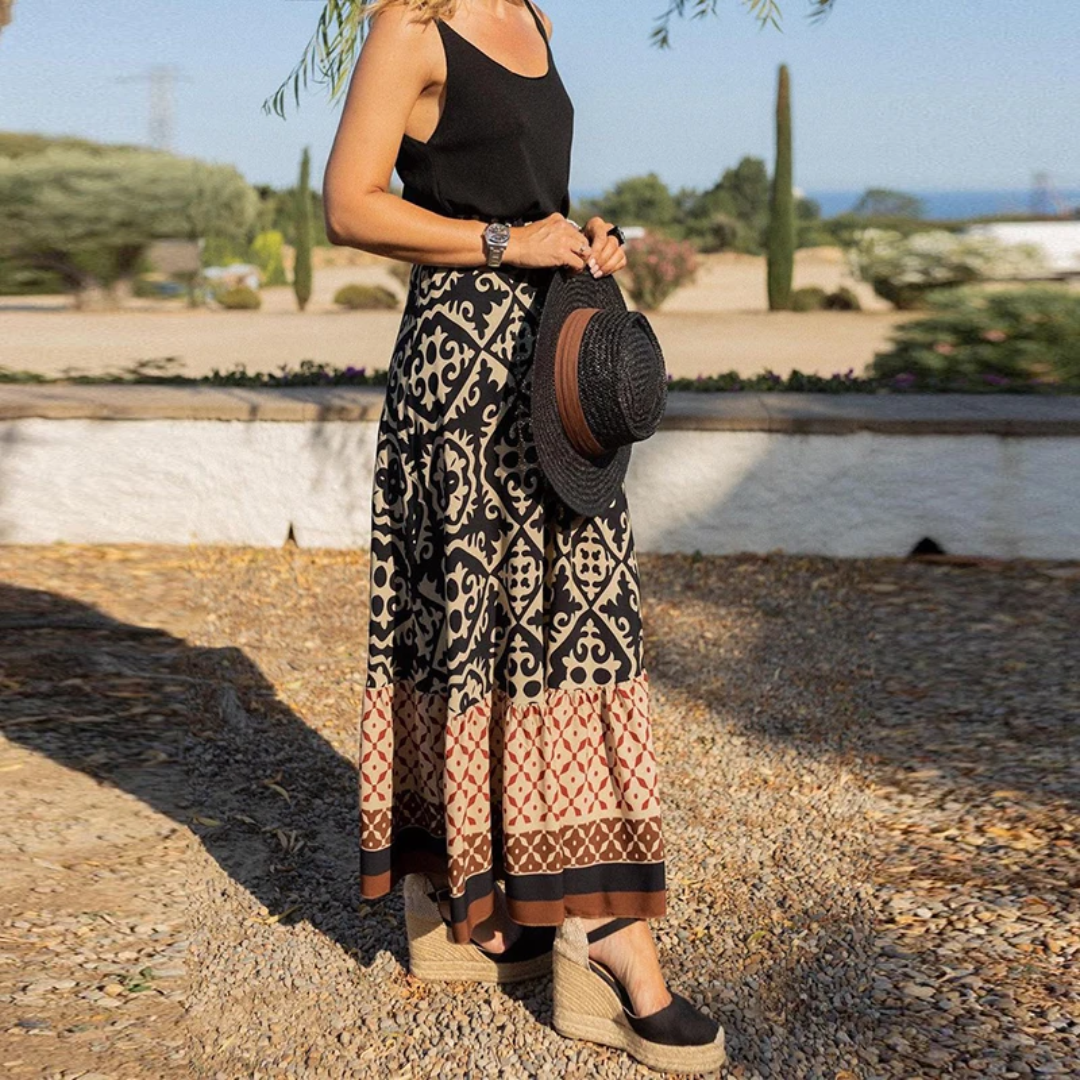 Lang damenederdel – Svaj snit – Geometrisk mønster – Flæset kant – Naturfibre