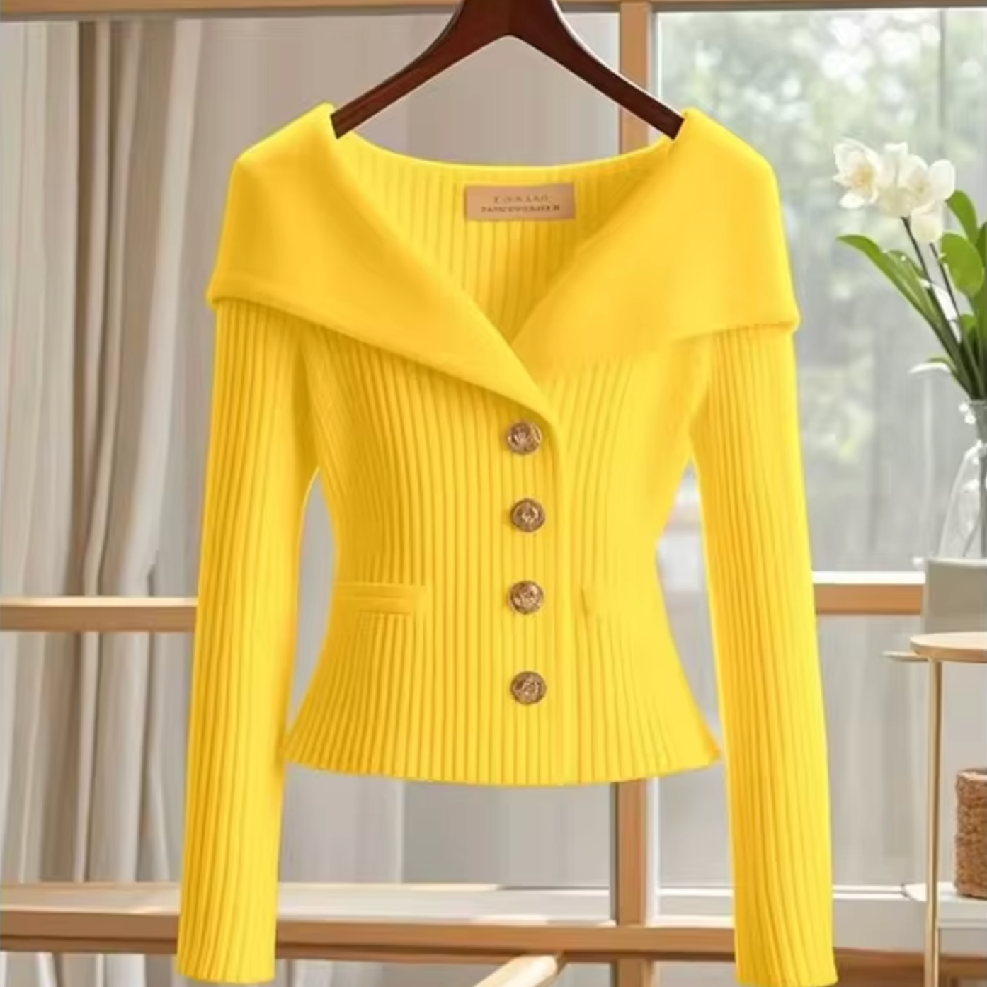 Kort cardigan til kvinder – Blød strik – Tætsiddende snit – Bred krave – Synlige knapper