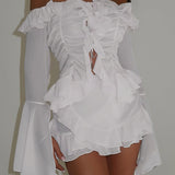 Elegant sæt med langærmet, flæset nederdel uden skuldre