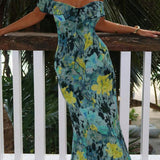 Sexet, stropløs, printet, flæset, bodycon maxikjole