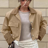 Retro afslappet kort utilityjakke med farveblokkrave