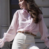 Langærmet bluse med knapper foran i Tencel