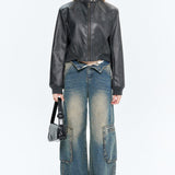 PU-læder pilotjakke med lynlås