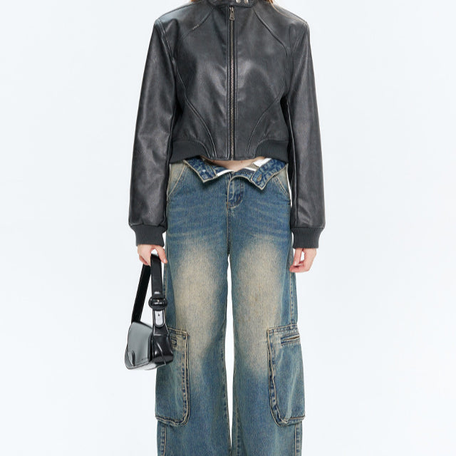 PU-læder pilotjakke med lynlås