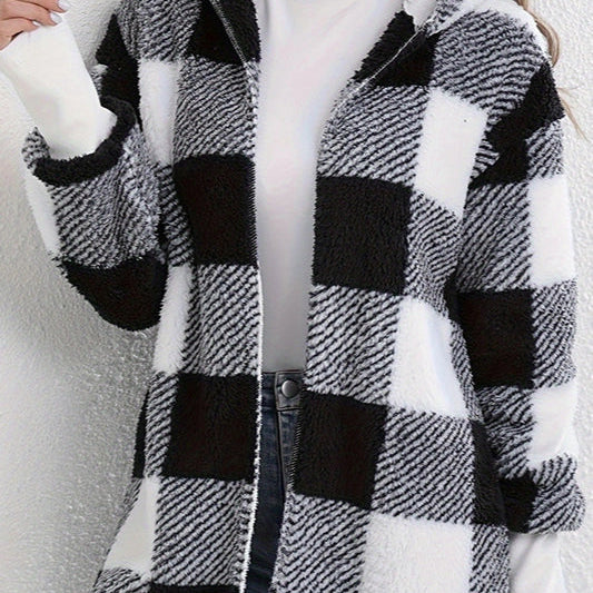 Mellemlang frakke med en blød, ternet hætte