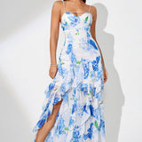 Blomsterprintet aftenkjole med slids