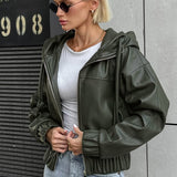 Oversized streetwear-jakke med hætte i sort kunstlæder