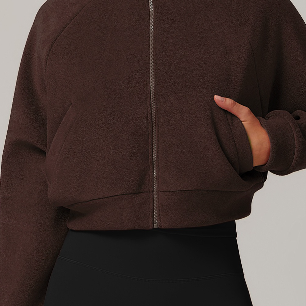 Varm og vindtæt yogajakke med opretstående krave og lynlåslukning, fleeceforet, med foer og opretstående krave