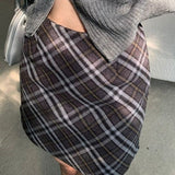 Vintage kort nederdel i højtaljet, tætsiddende, ternet tweed