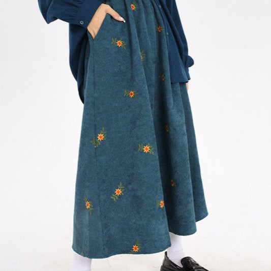 Trykt corduroy trapeznederdel