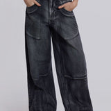 Y2K Wide Leg-jeans med vasket læder og englevinger