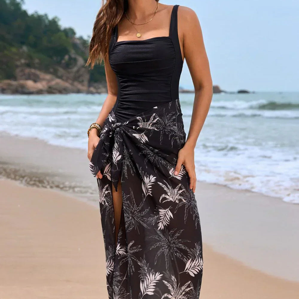 Badedragt til kvinder – Firkantet halsudskæring – Blomsterprint – Sarong med bindebånd