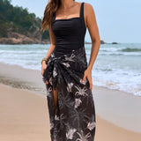 Badedragt til kvinder – Firkantet halsudskæring – Blomsterprint – Sarong med bindebånd