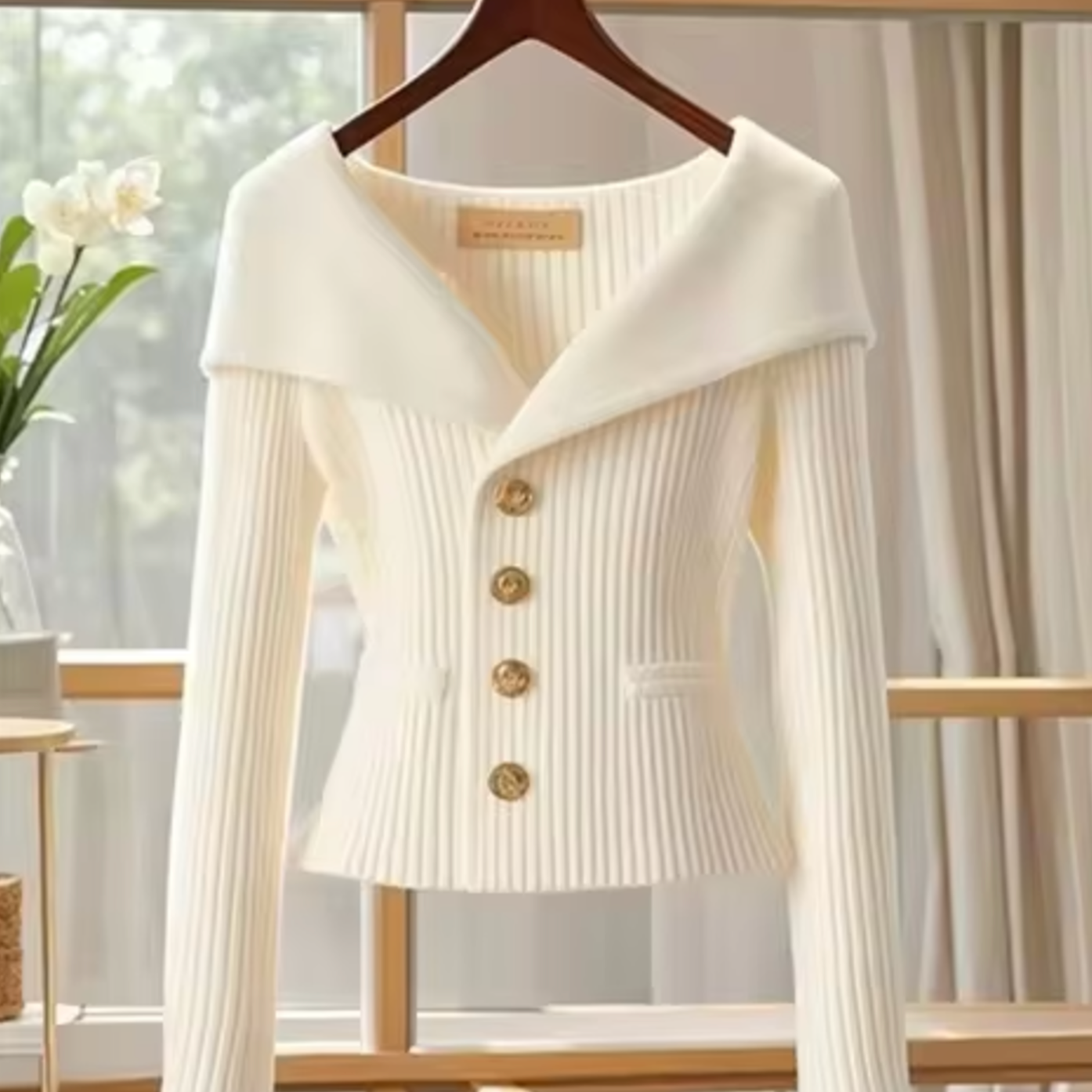 Kort cardigan til kvinder – Blød strik – Tætsiddende snit – Bred krave – Synlige knapper